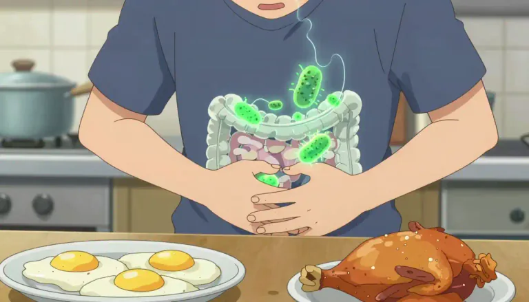 Visual representation of "salmonellosis" - a type of food poisoning caused by the Salmonella bacteria, leading to gastrointestinal illness.