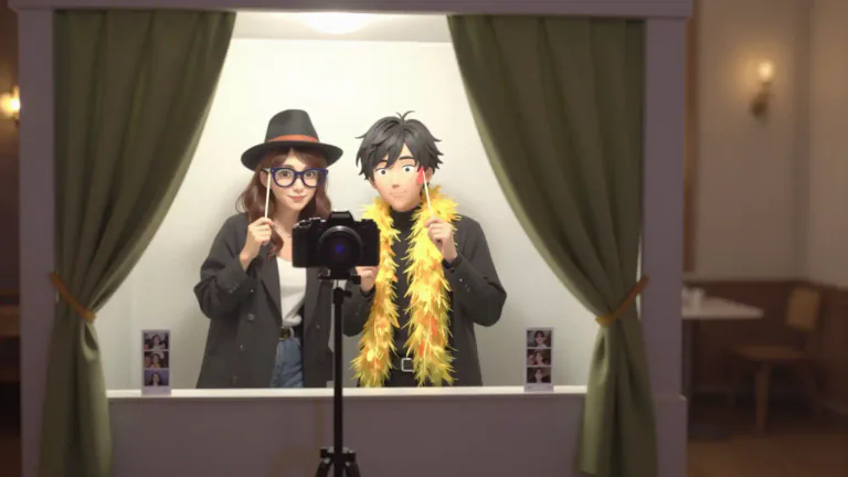 Visual representation of "photobooth" - A small enclosed area, often found at events, where people can take their own photographs using a camera and often fun props.