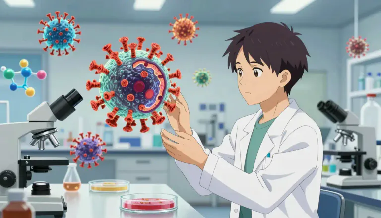 Visual representation of "virology" - A field of science that investigates viruses, including their structure and impacts.