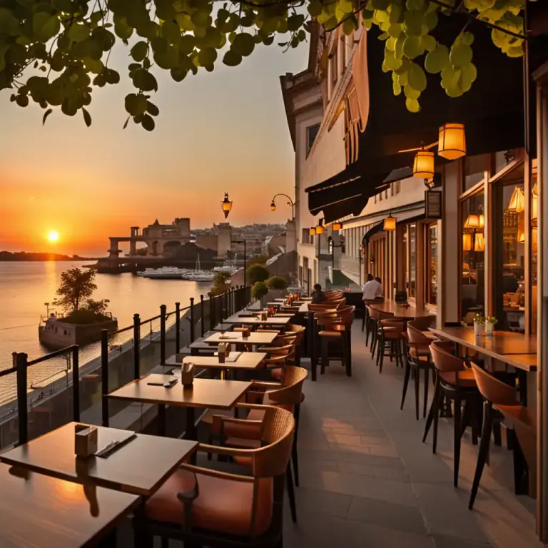 Visual representation of "waterfront" - A part of a city where there are restaurants, cafes, or bistros near the water.