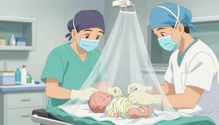 Visual representation of "circumcise" - To perform a medical operation to remove the skin at the end of a male's penis.