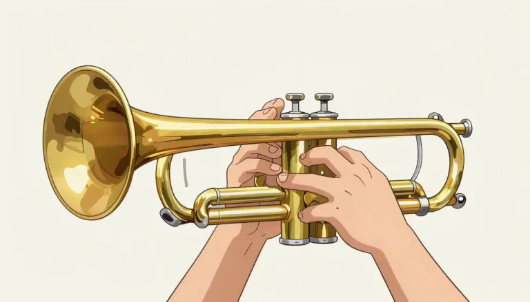 Visual representation of "trumpet" - A musical instrument that you blow into, that has three buttons which you press to change the notes.