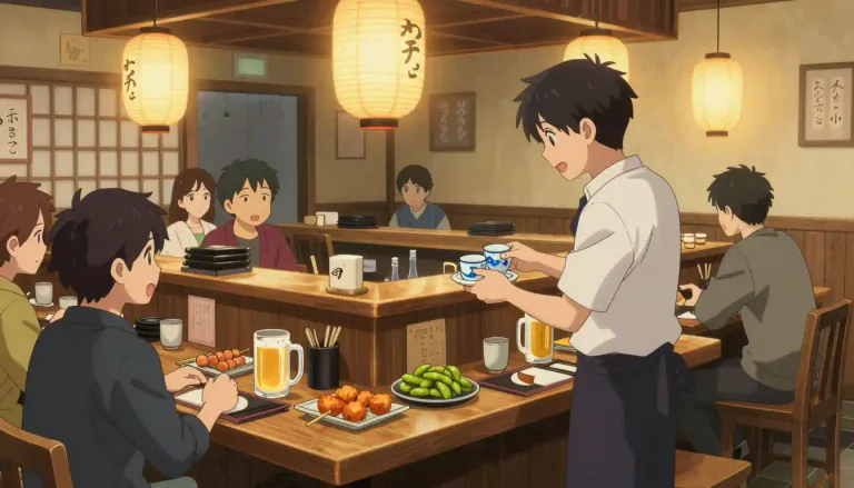 Visual representation of "izakaya" - A type of informal Japanese bar that serves a variety of drinks and inexpensive food in a casual atmosphere.