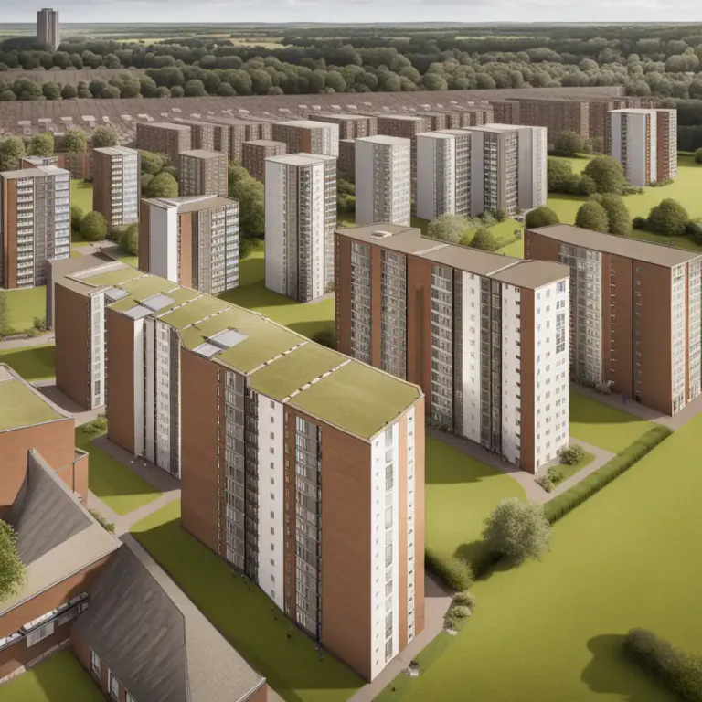 Visual representation of "estate" - Houses and flats that are built together in a planned way