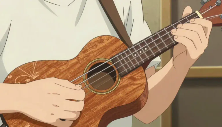 Visual representation of "uke" - A small, guitar-like musical instrument from Hawaii, typically having four nylon or gut strings played by strumming.