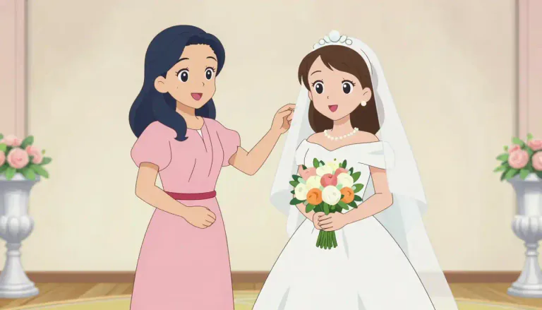 Visual representation of "bridesmaid" - A girl or woman who is at a wedding to help the bride