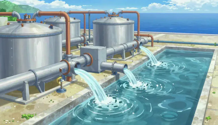 Visual representation of "desalination" - The process of removing salt from seawater to make it suitable for drinking and irrigation.