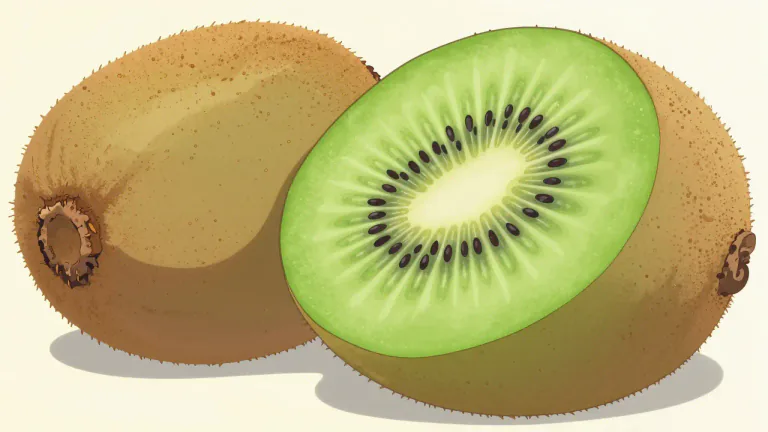 Visual representation of "kiwi" - A small, brown, fuzzy fruit with bright green flesh and tiny black seeds, known for its sweet flavor.