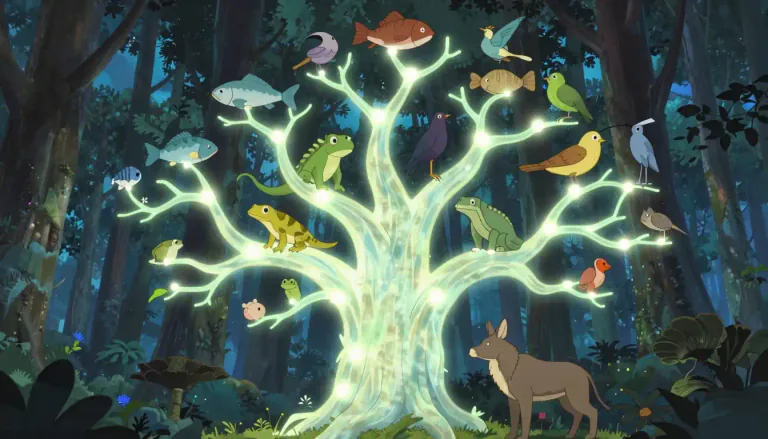 Visual representation of "phylogenetically" - In relation to the evolutionary development and diversification of a species or group of organisms.