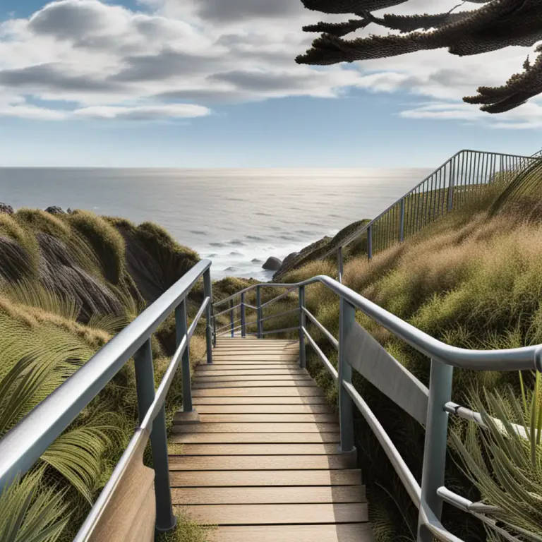 Visual representation of "catwalk" - A cliff path with a series of steps and a rail, especially along coasts.