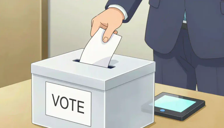 Visual representation of "ballot" - A system or process of voting, written on a piece of paper or electronically