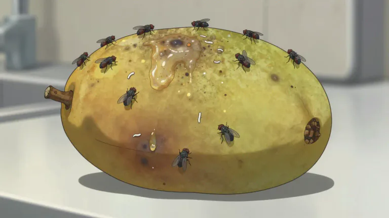 Visual representation of "flyblown" - Dirty and infected, often used to describe food that has gone bad.