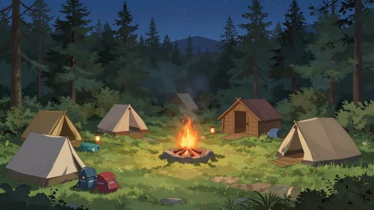 Visual representation of "camp" - An outdoor area where people live in tents or cabins for a short time.
