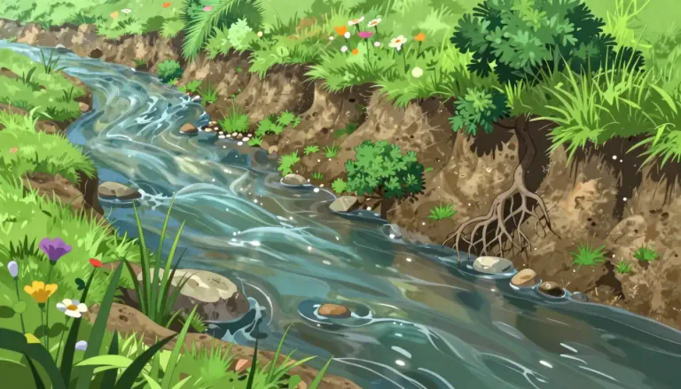 Visual representation of "streambank" - The land that borders a stream, often characterized by vegetation that helps prevent soil erosion.