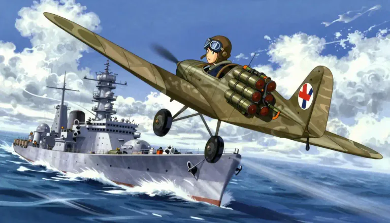 Visual representation of "kamikaze" - A Japanese pilot trained in World War II to fly an airplane full of explosives into enemy ships to make them explode.