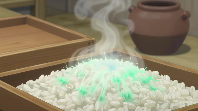 Visual representation of "koji" - A type of fungus used in fermentation to produce alcoholic beverages and other food items.
