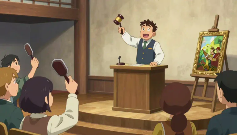 Visual representation of "auctioneer" - A person who conducts auctions by accepting bids and announcing the winning bidder.