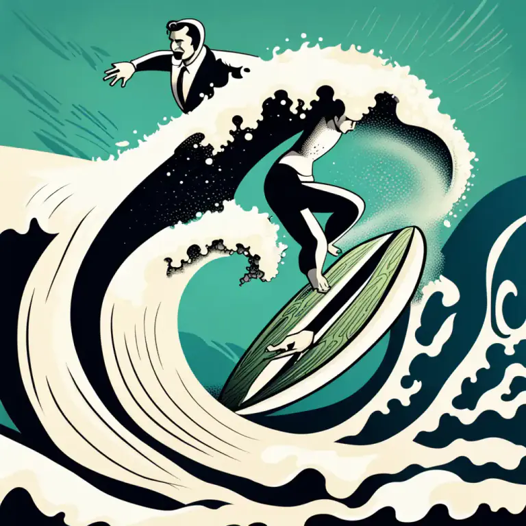 Visual representation of "ride a/the wave of something" - To take advantage of an opportunity or trend to benefit or enjoy oneself