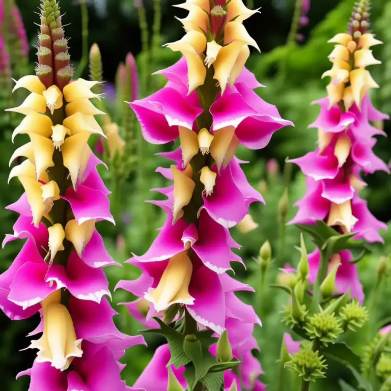 Visual representation of "digitalis" - A plant with tall flower spikes, typically foxgloves, which are often grown in gardens.