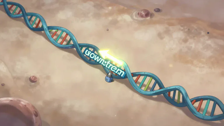 Visual representation of "downstream" - In genetics, further along the chromosome in the direction of transcription