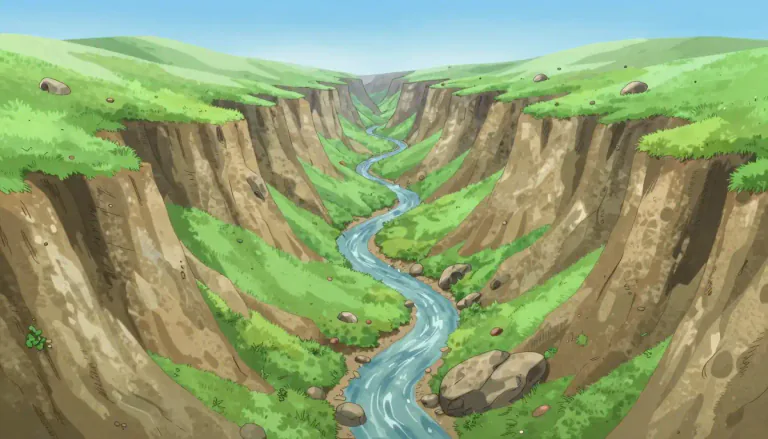 Visual representation of "coulee" - A coulee is a small valley or ravine typically formed by the erosion of water and is often found in regions shaped by glacial activity.