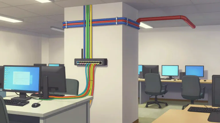 Visual representation of "ethernet" - A system for connecting computers within a building using hardware like cables.