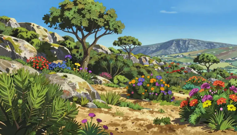 Visual representation of "fynbos" - A type of vegetation found in the Cape region of South Africa, consisting of various shrubs, small trees, and a rich diversity of plant species.