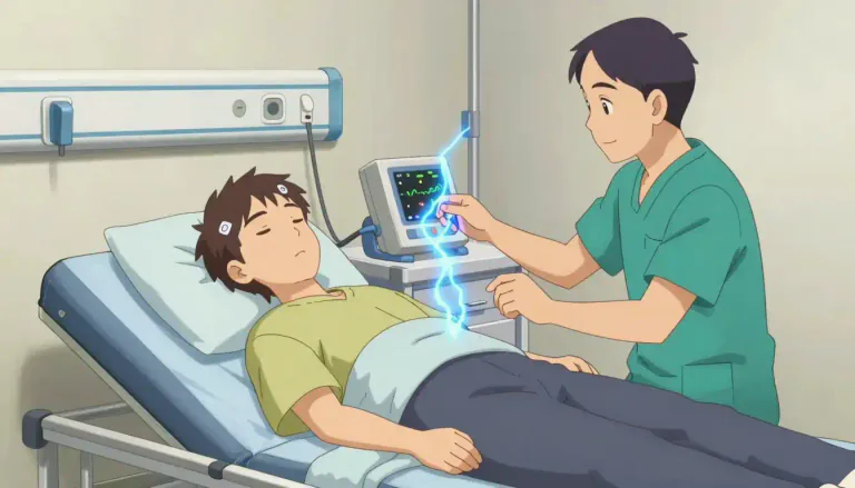 Visual representation of "electroshock" - A method of treatment for mental health conditions that uses electrical currents to induce seizures or brain activity.