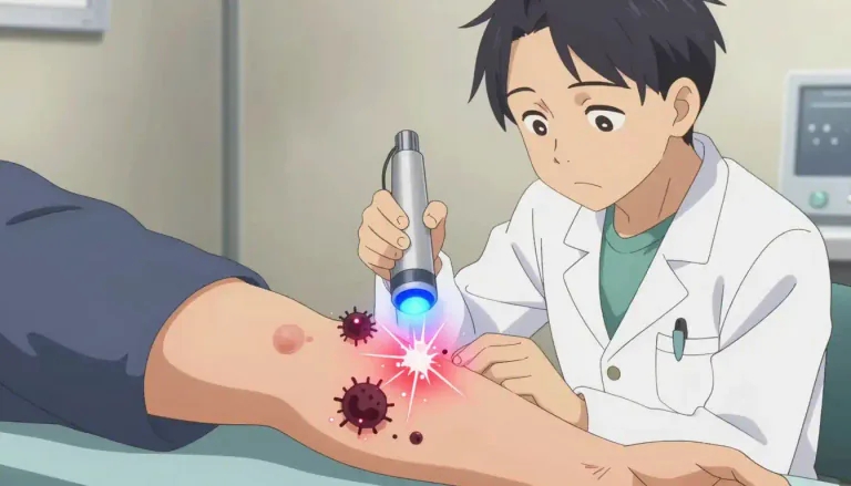 Visual representation of "photodynamic" - Relating to a therapy that uses light to activate a drug that kills or inhibits the growth of cells, especially cancer cells.