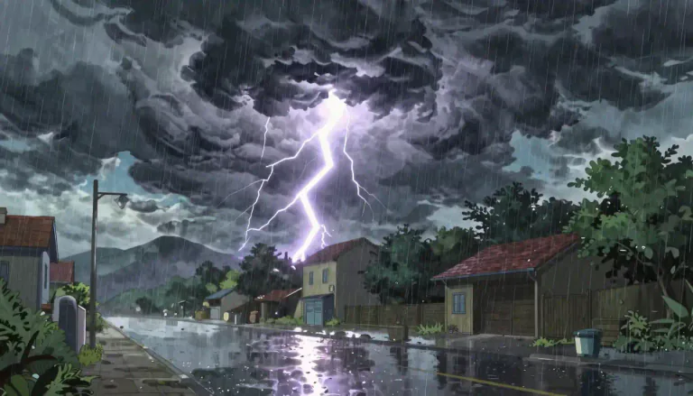 Visual representation of "thundershower" - A short and intense rainstorm accompanied by thunder, typically occurring in the summer.