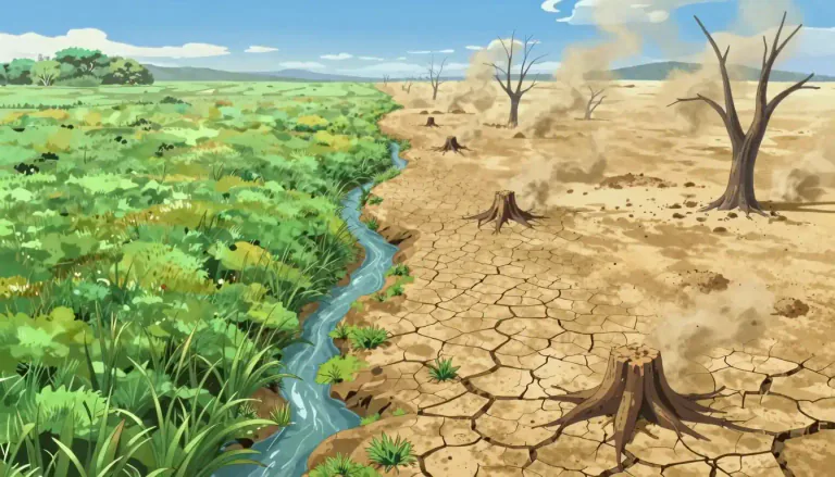 Visual representation of "desertification" - The process by which fertile land becomes desert, often because of drought, deforestation, and unsuitable farming methods