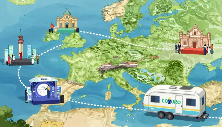 Visual representation of "roadshow" - A series of events or presentations in different places to promote a product, idea, or group