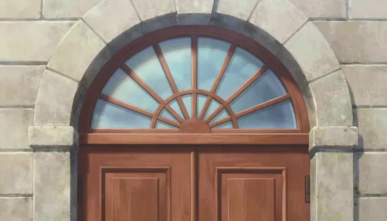 Visual representation of "fanlight" - A fanlight is an arched or circular window, typically placed above a door, that often has a design resembling a fan.