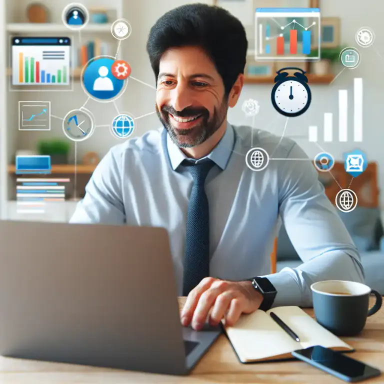 Visual representation of "telecommuting" - To work from home while maintaining communication and sharing information with the office through the use of technology