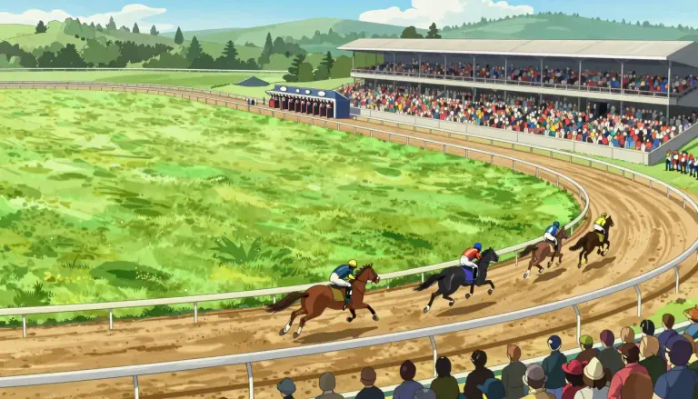 Visual representation of "racecourse" - A large outdoor space where horse races take place.
