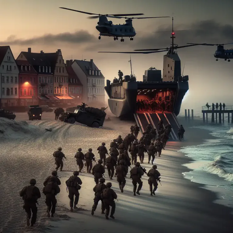 Visual representation of "amphibious" - Relating to military operations by both land and naval forces against the same object, especially to a naval attack on a seaport.