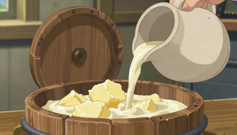 Visual representation of "buttermilk" - A liquid leftover from making butter from cream.