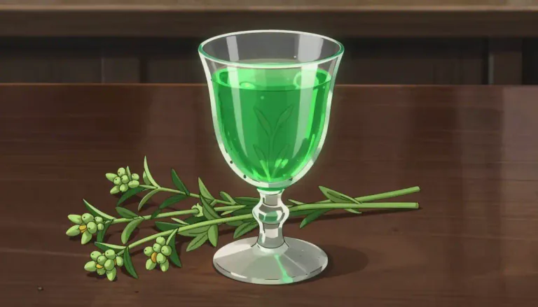 Visual representation of "absinthe" - A strong alcoholic drink that is green in color and has a bitter taste. It is made from wormwood, a plant, and other ingredients.