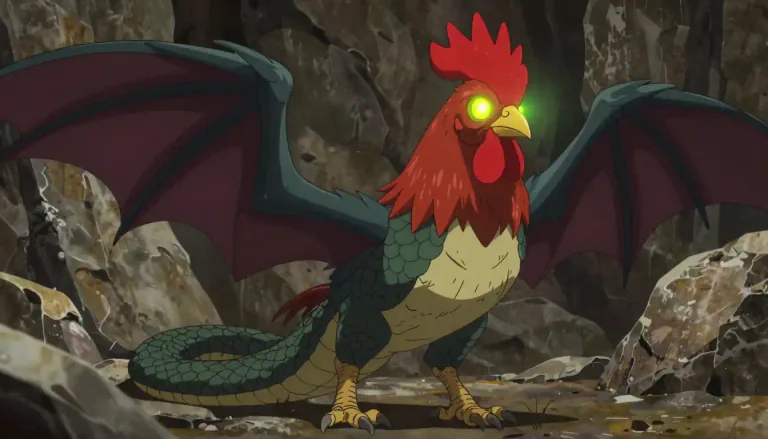 Visual representation of "cockatrice" - A mythical creature resembling a dragon or serpent with a rooster's head, believed to have deadly powers.