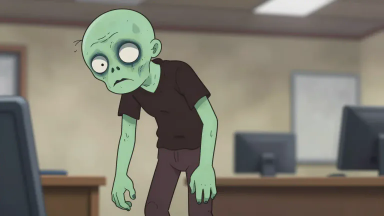 Visual representation of "zombified" - Transformed into a zombie, specifically exhibiting characteristics typical of a zombie, such as unresponsiveness or lethargy.