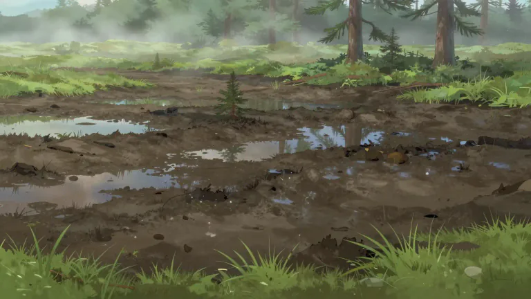 Visual representation of "mire" - An area of wet, soggy, muddy ground.