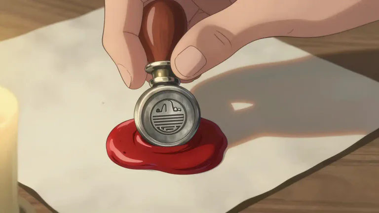 Visual representation of "signet" - A small seal made of metal or stone, often bearing a design or initials, used to mark documents or letters.