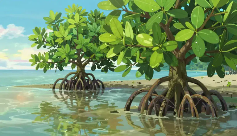Visual representation of "mangrove" - A type of tree that grows in tropical coastal areas, mainly in water.