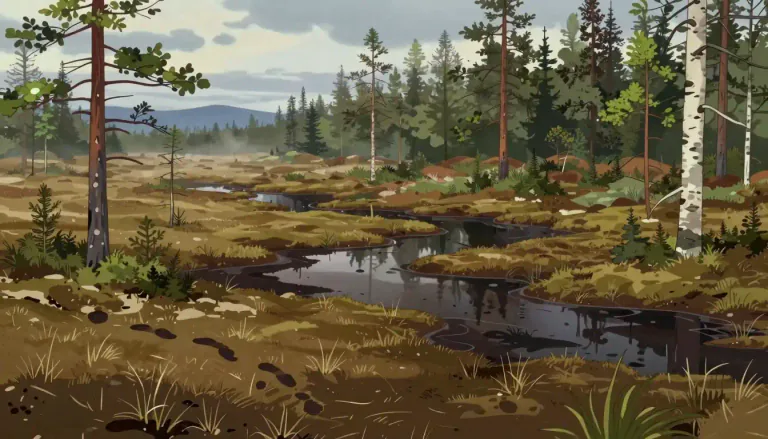 Visual representation of "muskeg" - A spongy, marshy area found in northern latitudes, characterized by peat accumulation and often waterlogged conditions.