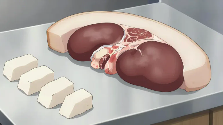 Visual representation of "suet" - The hard fat around the kidneys and loins in sheep, cattle, etc., used in cooking and making tallow.