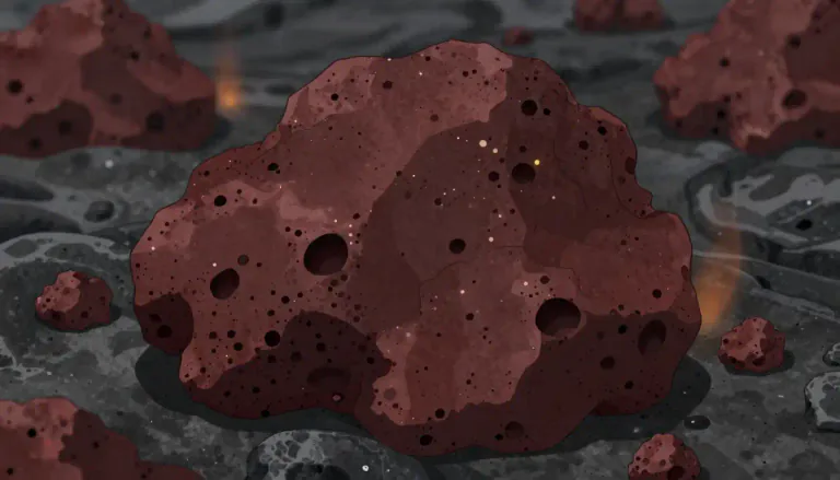 Visual representation of "scoria" - Scoria is a type of dark, porous volcanic rock that is formed when lava cools quickly and gas bubbles are trapped within it.