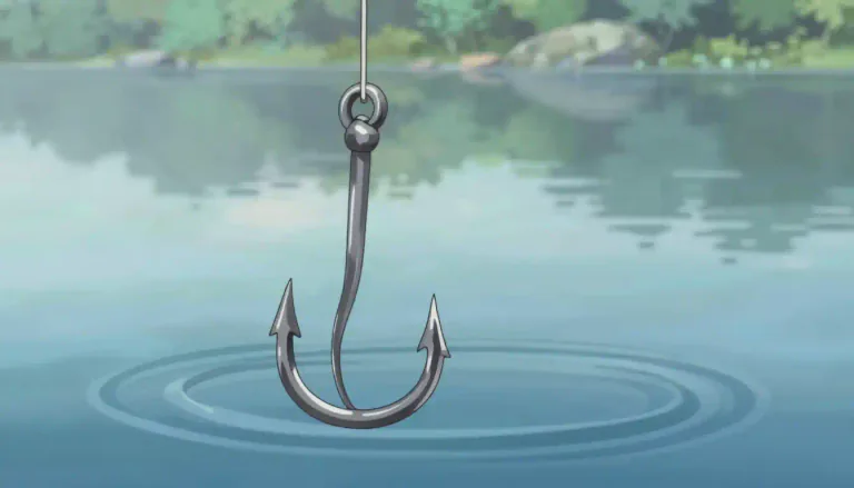 Visual representation of "fishhook" - A hooked device used to catch fish, typically made of metal.