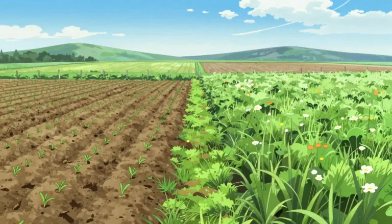 Visual representation of "ley" - A piece of land used for planting crops that gets alternately rested and cultivated.