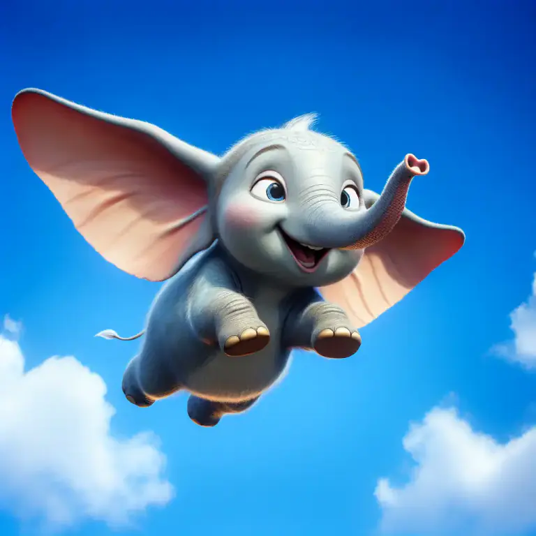 Visual representation of "dumbo" - A small elephant with large ears, main character of a popular Disney movie.