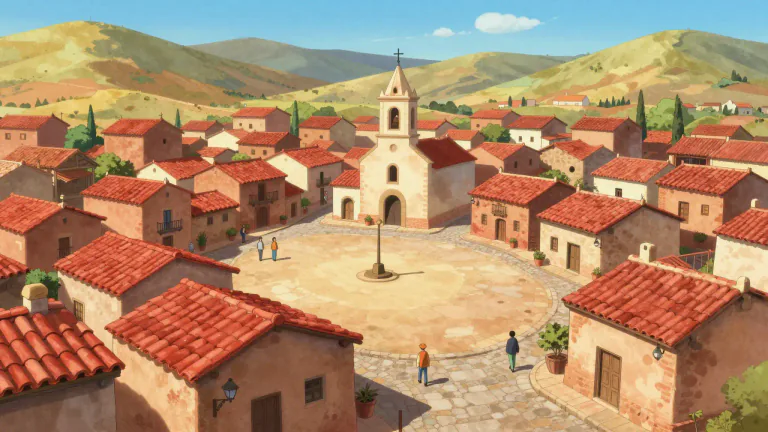 Visual representation of "pueblo" - A town or village in Spanish-speaking countries.